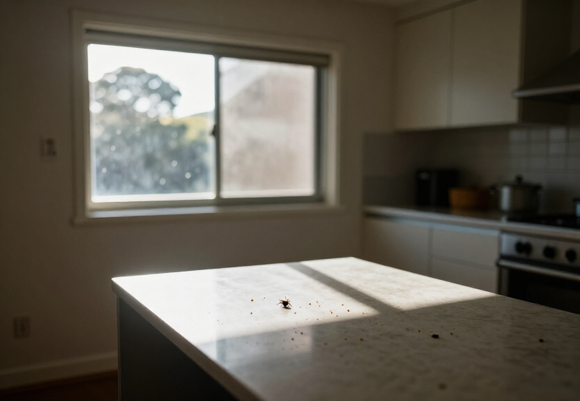 Spider webs in ceiling corners of a Dolans Bay home before treatment